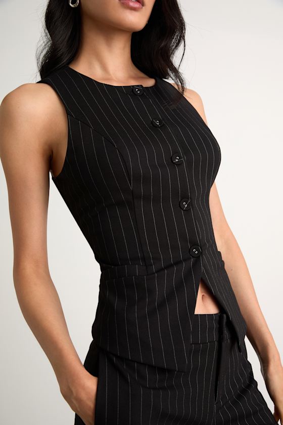 Hadriel Black Pinstriped Button-Front Vest Top