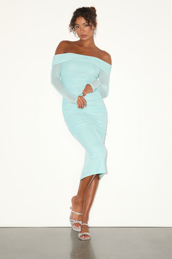 Valda Aqua Blue Mesh Ruched Off-the-Shoulder Midi Dress