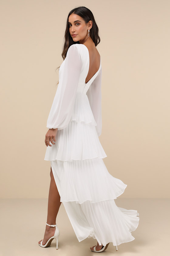 Graceful Finesse White Pleated Long Sleeve Maxi Dress