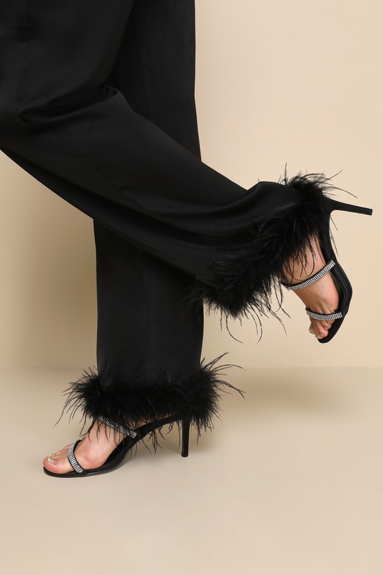 Premium Aura Black Satin High-Rise Wide-Leg Feather Pants