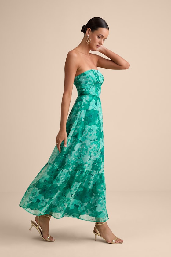Bright Perspective Teal Floral Strapless Midi Dress