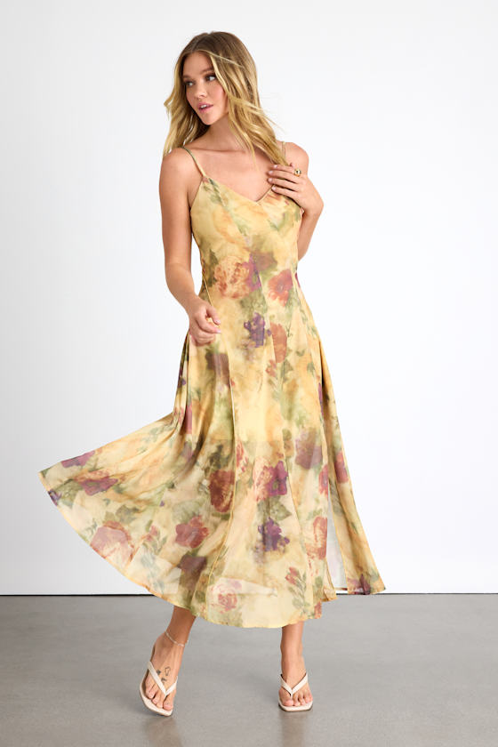Euroa Yellow Abstract Floral Seamed Sleeveless Midi Dress