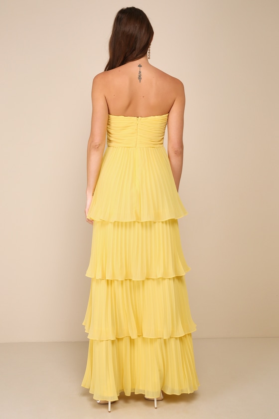 Seriously Sensational Yellow Strapless Tiered Maxi Dress