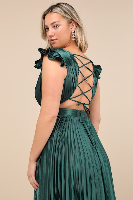 Exceptional Drama Emerald Satin Lace-Up Pleated Maxi Dress