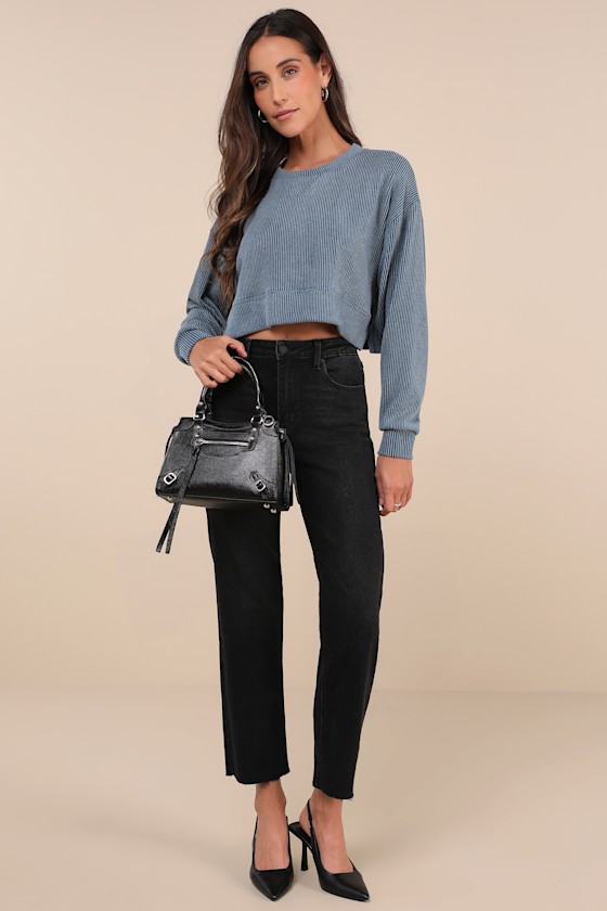 Relaxed Attitude Slate Blue Textured Ribbed Long Sleeve Crop Top