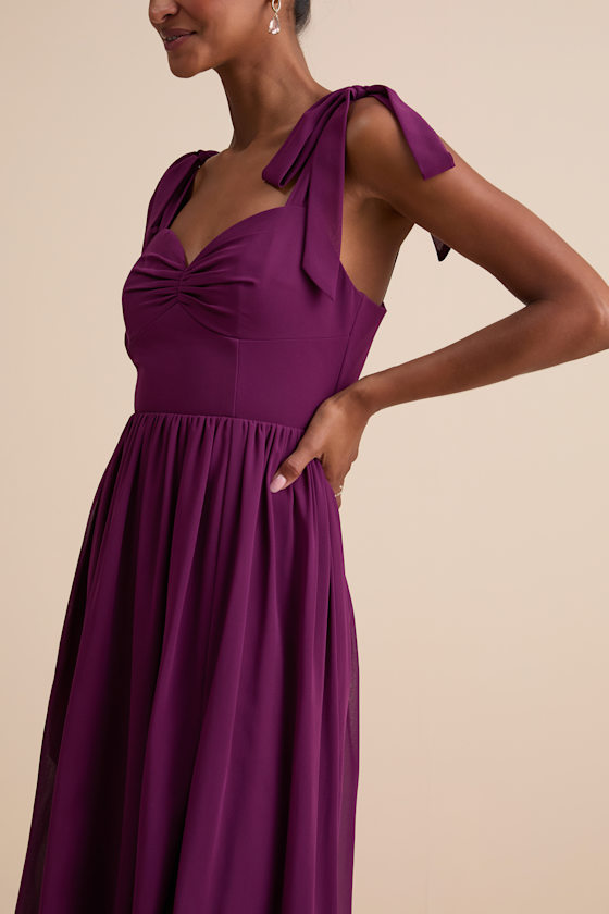 Radiant Charisma Plum Chiffon Ruched Tie-Strap Maxi Dress