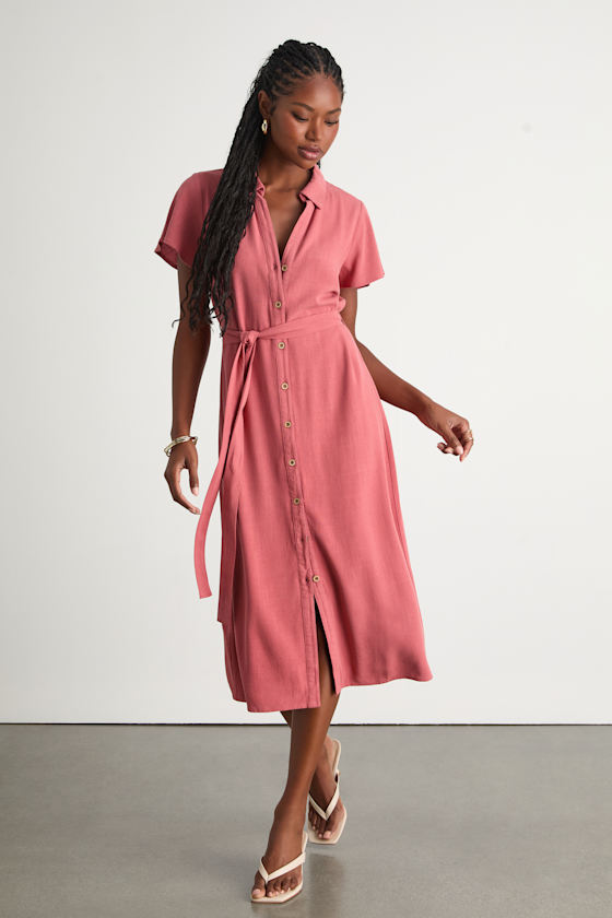 Italian Summer Rusty Rose Linen Button-Up Short Sleeve Dress