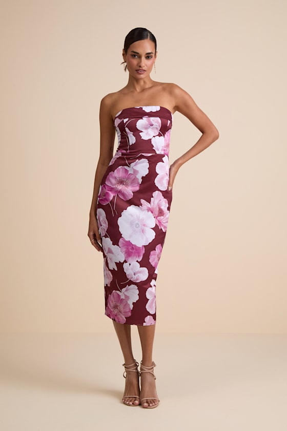 Oriana Burgundy Floral Satin Strapless Midi Dress