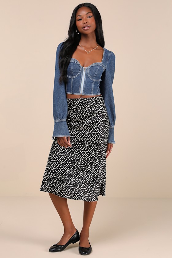 Confidently Coveted Dark Wash Denim Long Sleeve Bustier Crop Top
