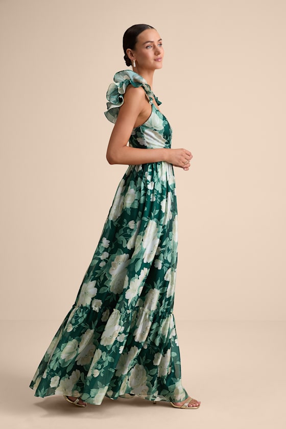 Soiree Perfection Green Floral Ruffled Tiered Maxi Dress