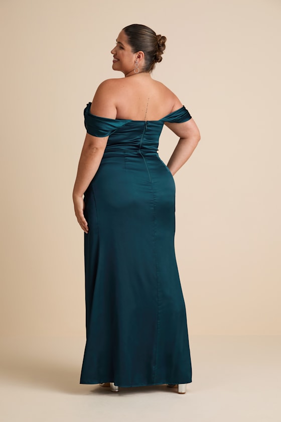 Stunning Arrival Dark Teal Satin Off-The-Shoulder Maxi Dress