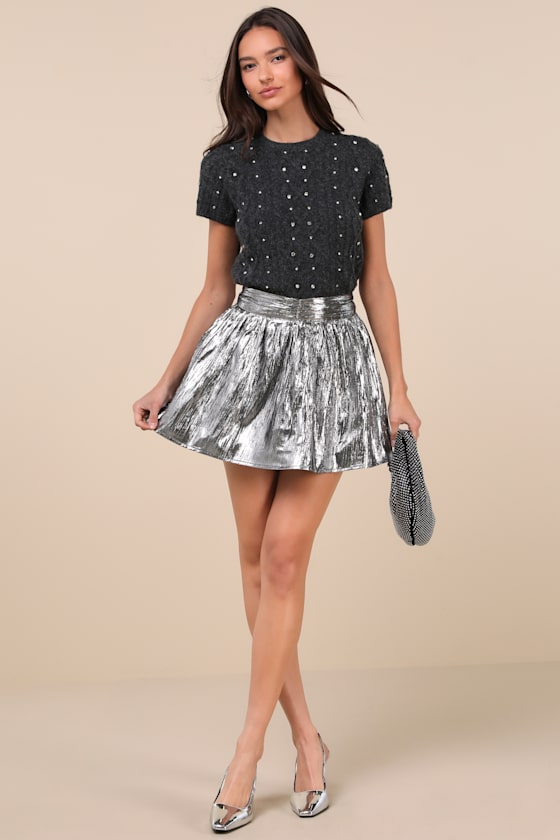 Celebrated Shine Silver Metallic Mini Skirt