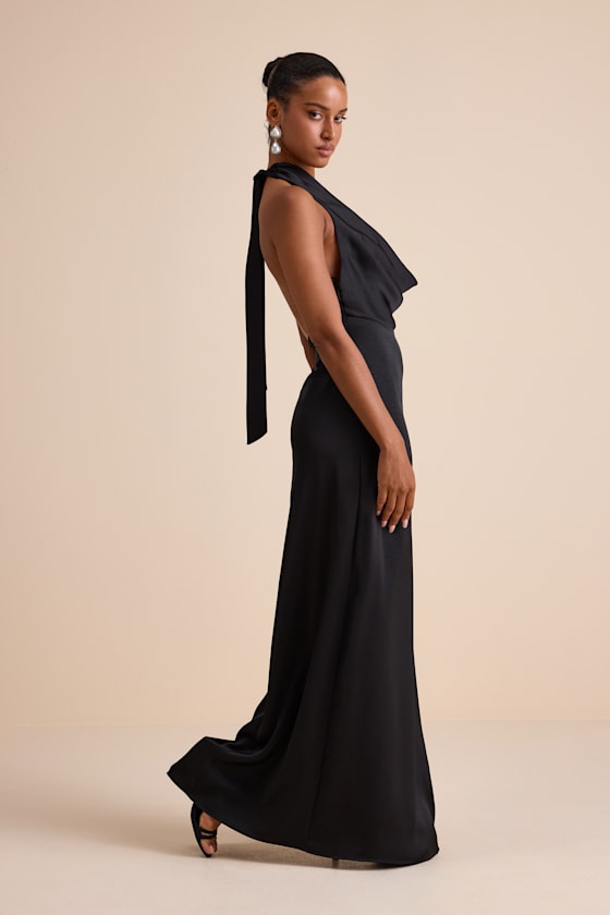 Carmelo Black Satin Halter Neck Backless Maxi Dress