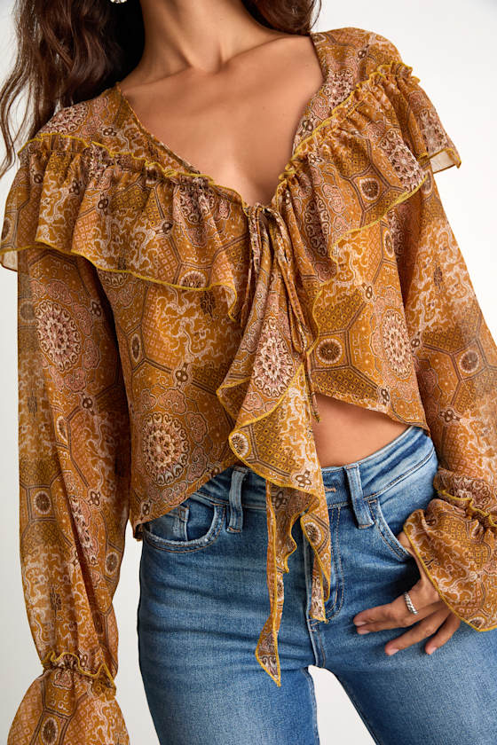 Azlynn Golden Yellow Boho Print Ruffled Tie-Front Top