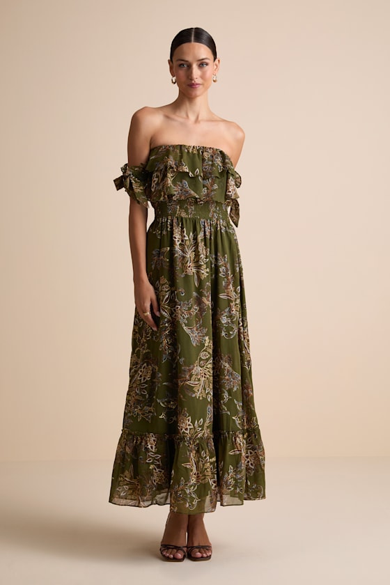 Love and Blooms Olive Green Floral Print Off-the-Shoulder Dress