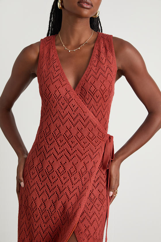 Kasper Rusty Red Pointelle Knit Wrap Midi Dress