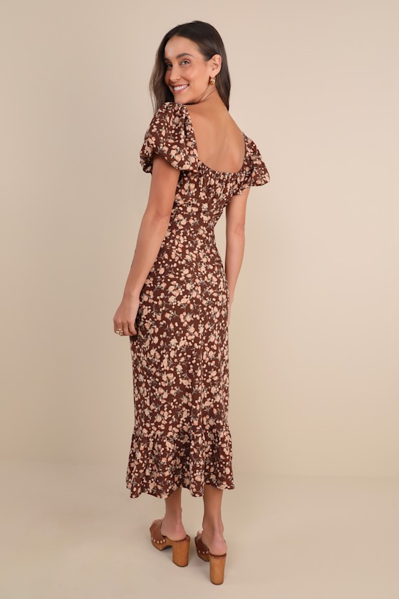 Remarkably Flourishing Brown Floral Puff Sleeve Midi Dress