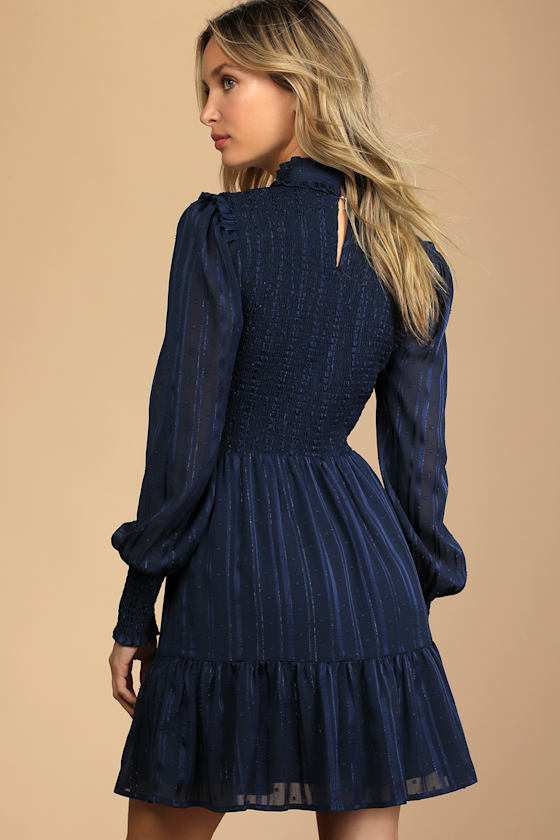 Heartful Romance Navy Striped Smocked Long Sleeve Mini Dress