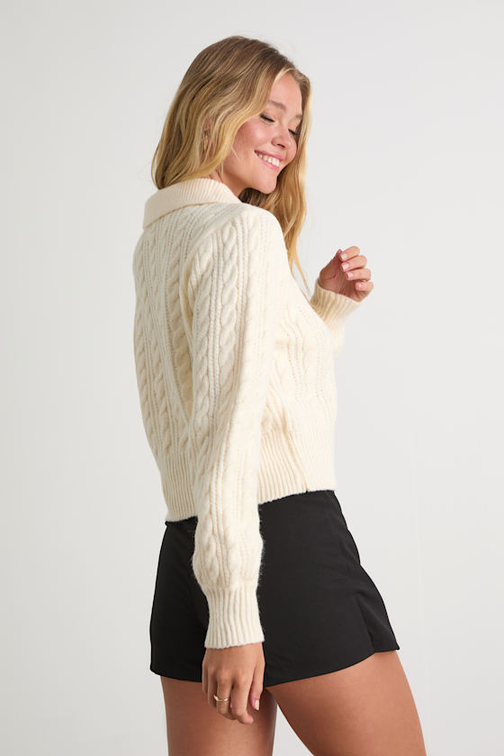 Cozy Agenda Cream Collared Cable Knit Sweater