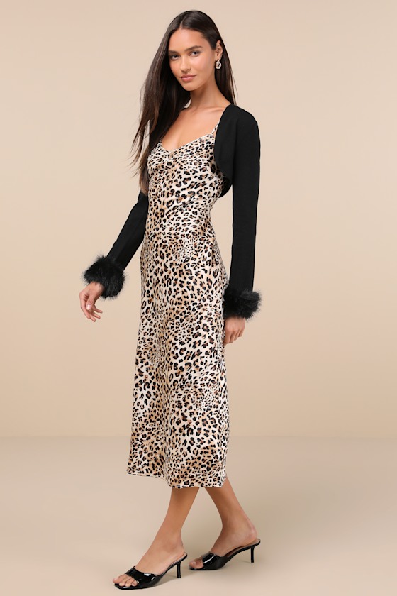 Beyond Confident Leopard Print Satin Slip Dress and Shrug Set