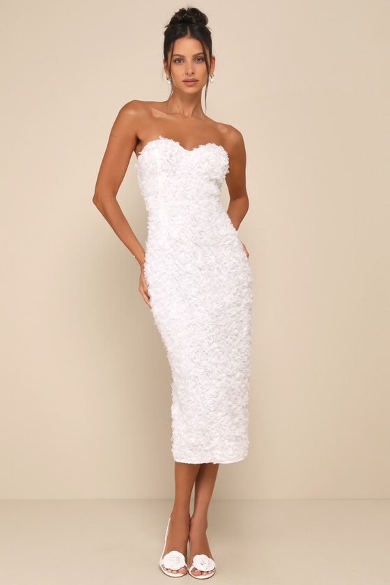 Gorgeous Mentality White 3D Floral Strapless Midi Dress