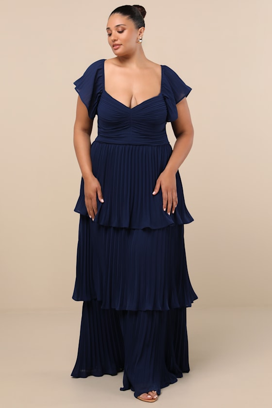 Notorious Charm Navy Blue Pleated Flutter Sleeve Maxi Dress
