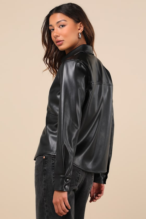 Polished Attitude Black Vegan Leather Button-Up Top