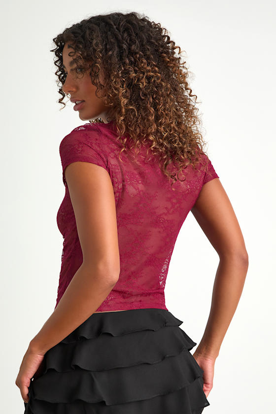 Clearly Sultry Burgundy Lace Sheer Short Sleeve Top