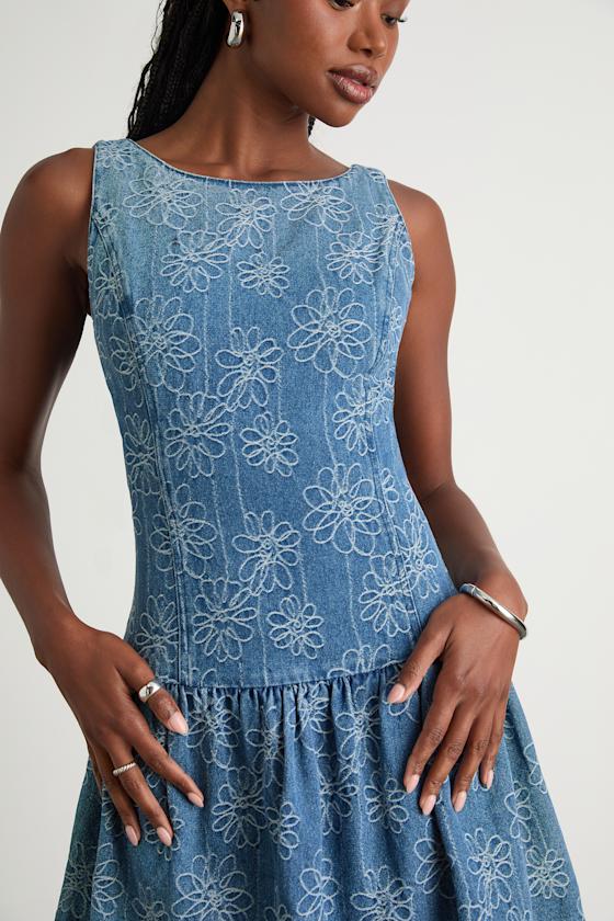 Kodi Medium Wash Floral Denim Drop Waist Mini Dress