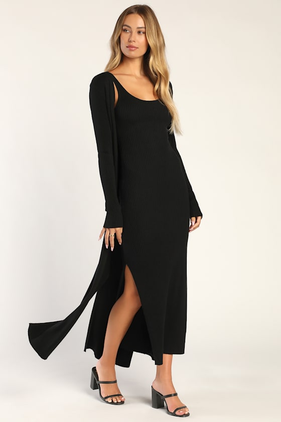 Layer Lover Black Ribbed Knit Two-Piece Dress & Cardigan Set