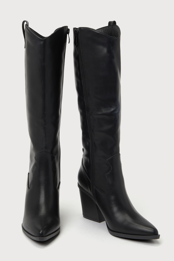 Rauland Black Pointed-Toe Knee-High Western Boots