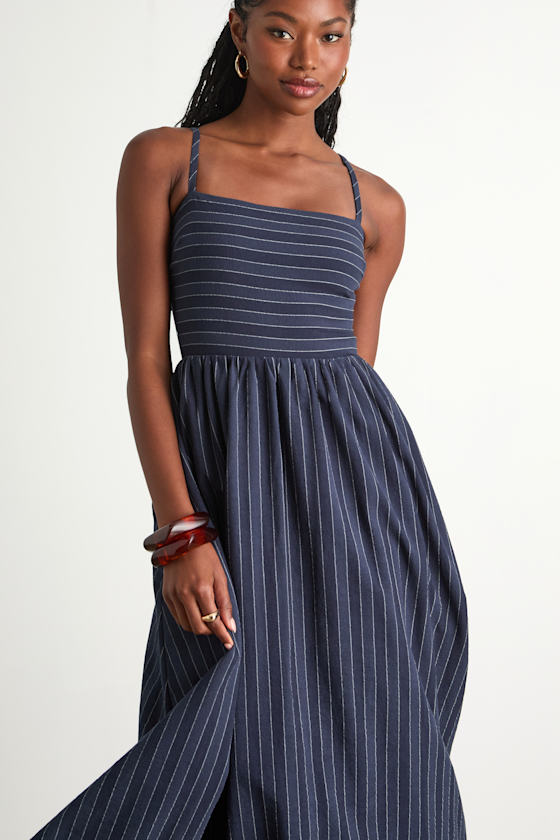 Feeling the Best Navy Striped Tie-Back Midi Dress with Pockets