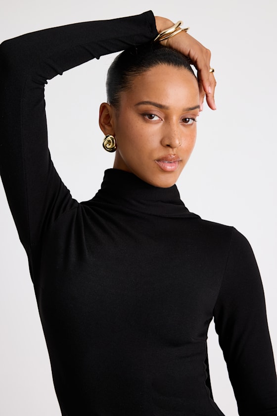 Wintery Fascination Black Long Sleeve Scarf Midi Dress