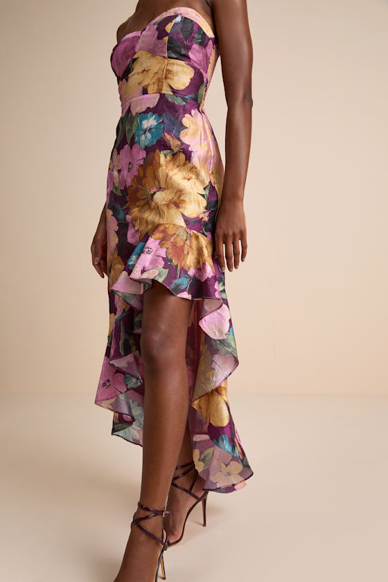 Blushing Darling Plum Multi Floral Strapless High-Low Maxi Dress