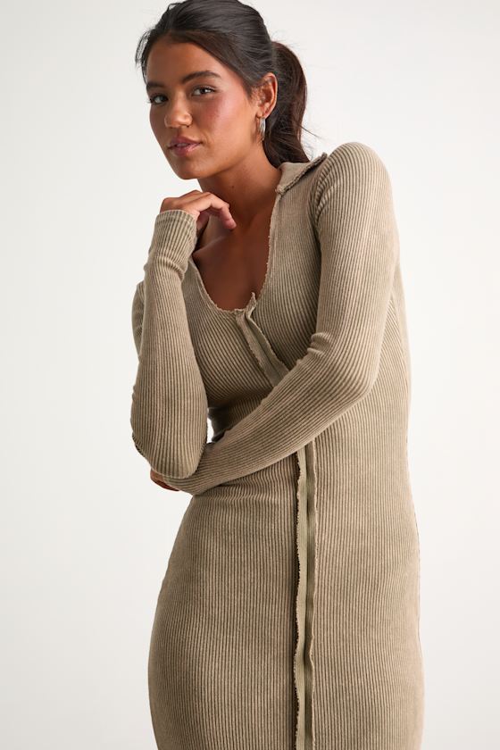 Effortlessly Pristine Washed Olive Ribbed Long Sleeve Midi Dress