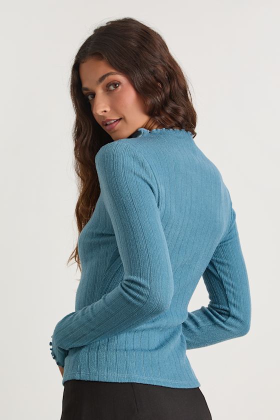 Charmed Vibes Teal Blue Ribbed Lettuce Edge Long Sleeve Top