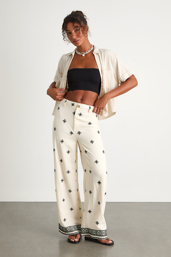 Elwen Cream and Black Linen Embroidered High-Rise Pants