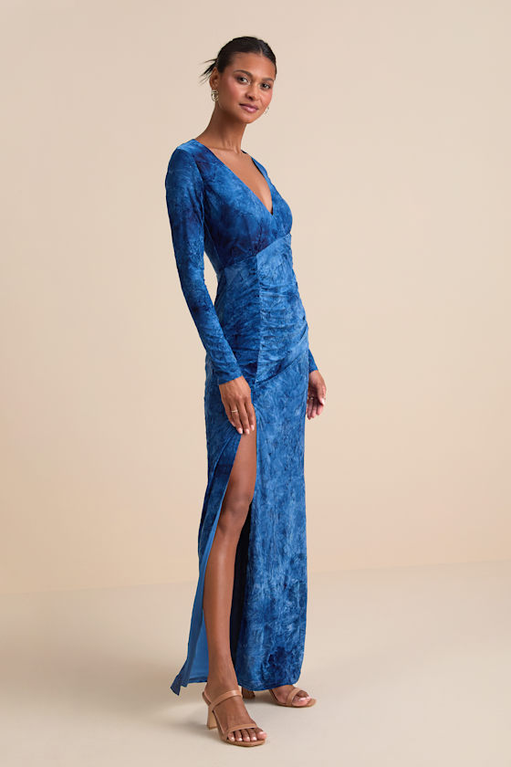 Dynamic Sensation Blue Floral Velvet Burnout Maxi Dress