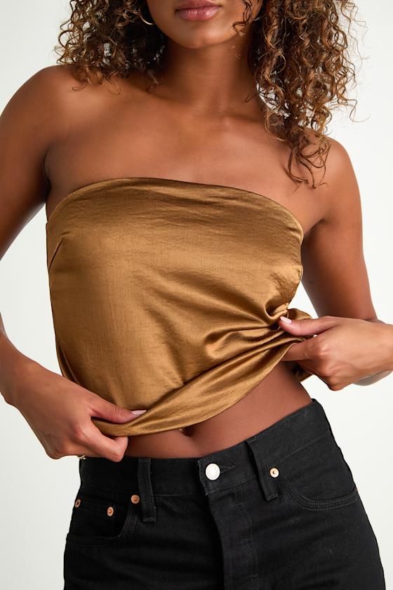 Devine Bronze Satin Strapless Crop Top