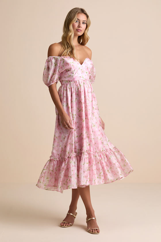 Sincerely Wondrous Pink Floral Puff Sleeve Tiered Midi Dress