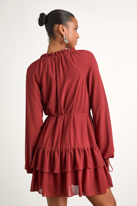 Allirah Rust Red Ruffled Long Sleeve Mini Dress