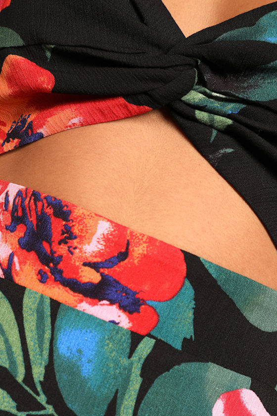 Tropical Blooms Black Floral Print Tie-Back Cutout Dress