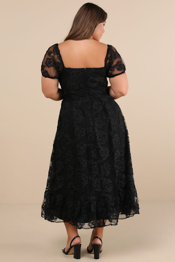 Notable Elegance Black Mesh Floral Applique Bustier Midi Dress