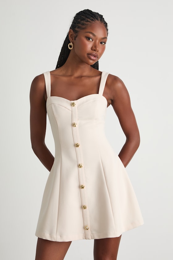 Akira Cream Button-Front Skater Mini Dress