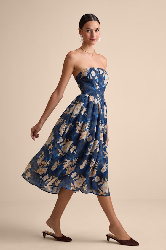 Eulalia Dark Blue Floral Lace-Up Strapless Bustier Midi Dress