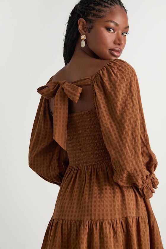 Charming Afternoon Tan Gingham Balloon Sleeve Mini Dress