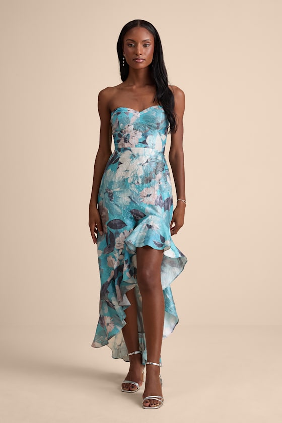 Blushing Darling Turquoise Floral Strapless High-Low Maxi Dress