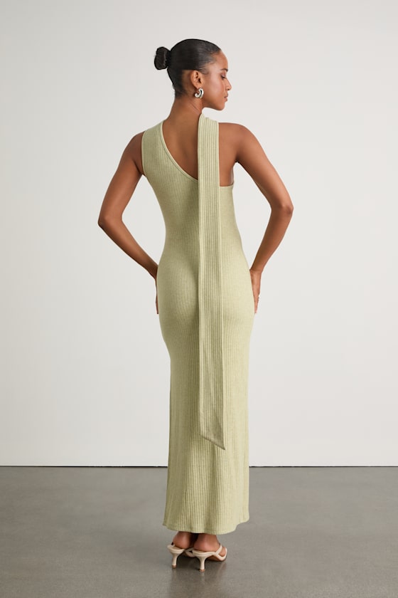 Venna Heathered Sage One-Shoulder Scarf Maxi Dress