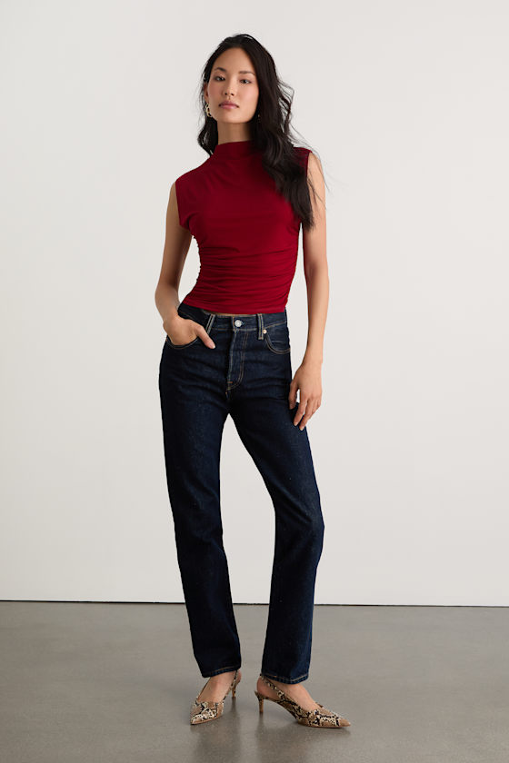 Avaina Wine Red Slinky Knit Ruched Mock Neck Sleeveless Top