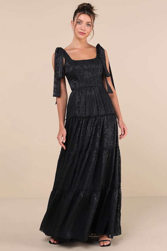 Picturesque Allure Black Jacquard Tie-Strap Maxi Dress
